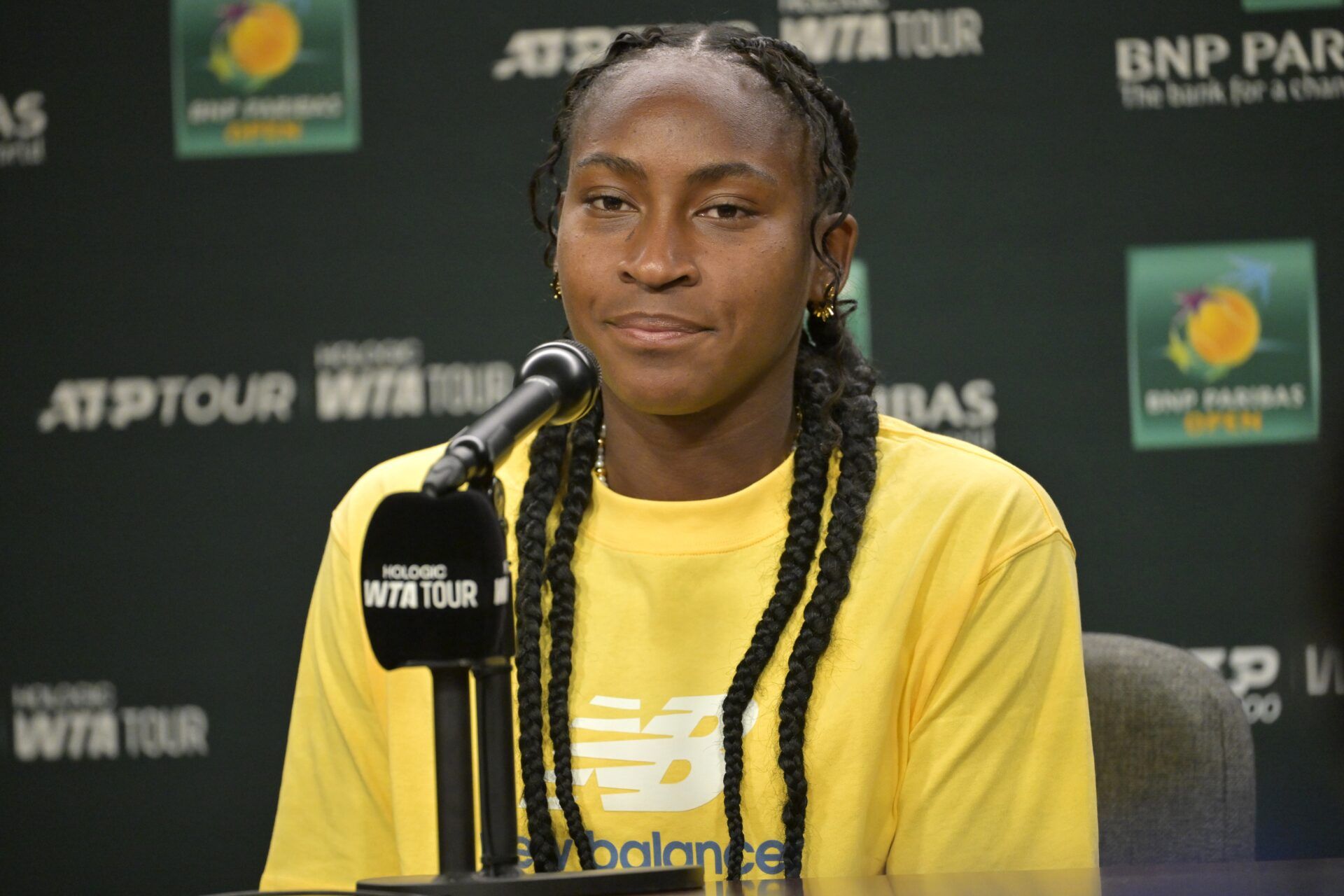 Coco Gauff (USA) talks to the media during a news conference during the BNP Paribas Open at the Indian Well Tennis Garden.