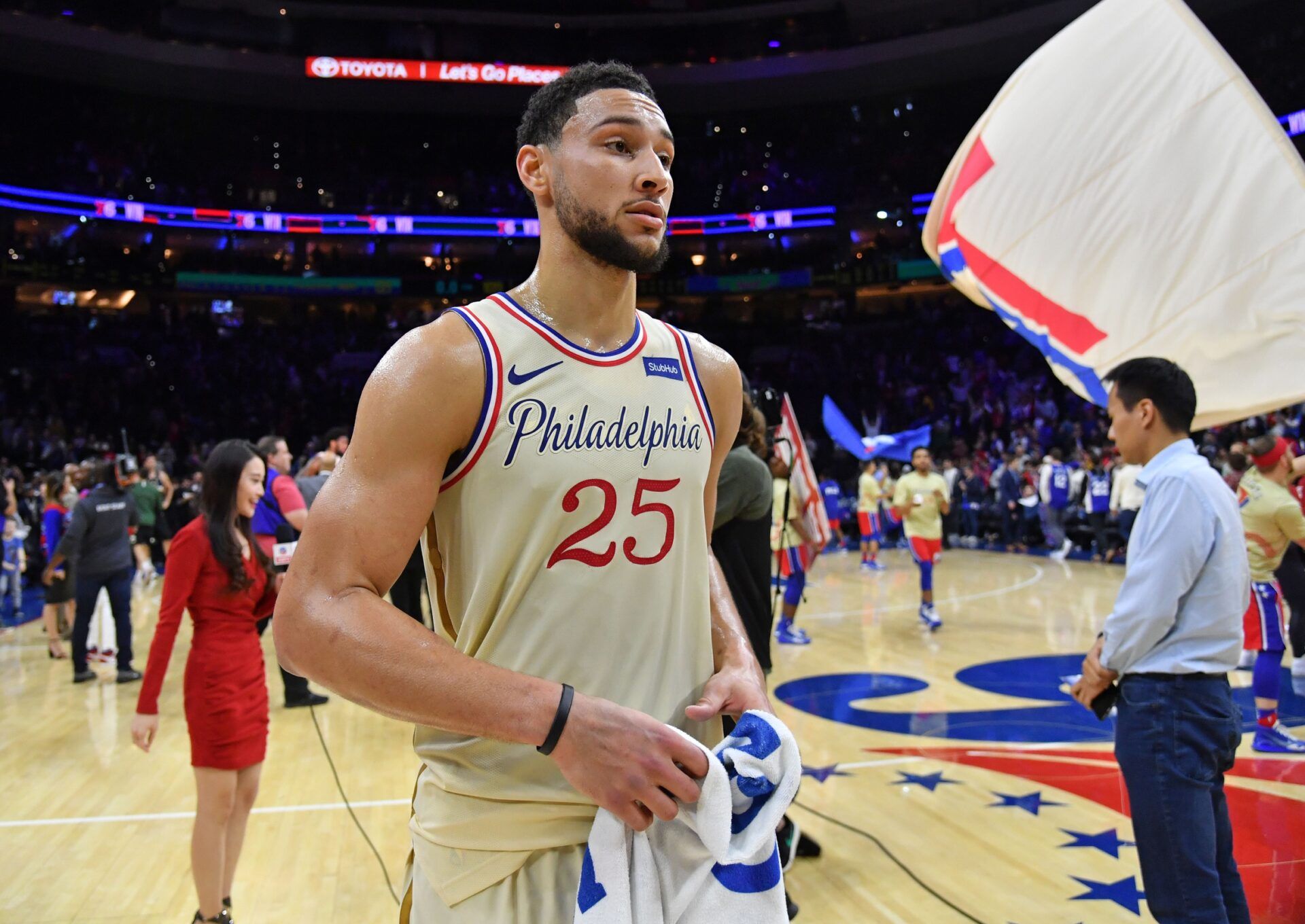 Philadelphia 76ers guard Ben Simmons (25) walks off the court after win against the Milwaukee Bucks at Wells Fargo Center.