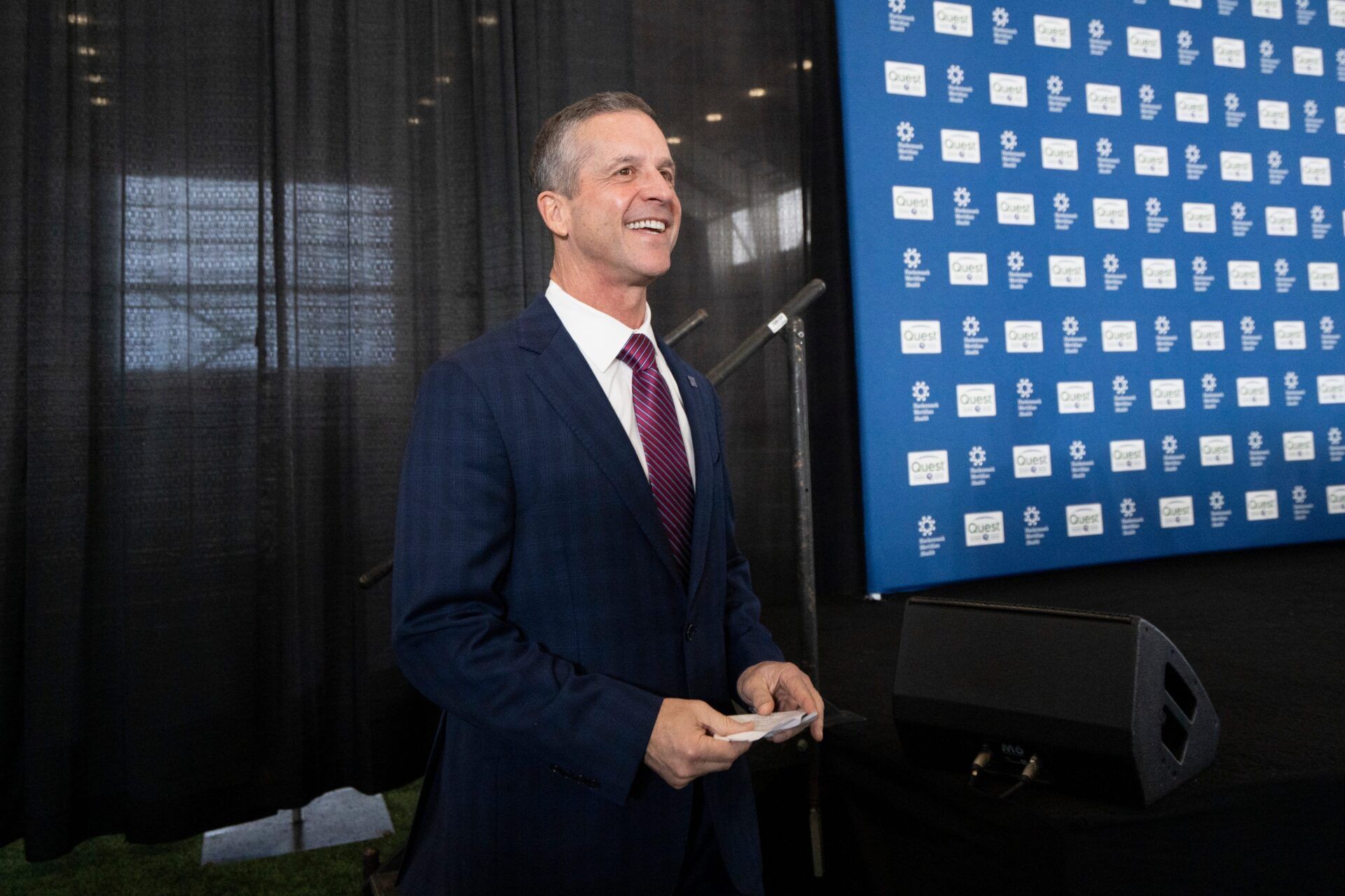 New Giants Head Coach John Harbaugh speaks with members of the media during a press conference welcoming Harbaugh at the Quest Diagnostics Training Center in East Rutherford on Tuesday, Jan. 20, 2025.