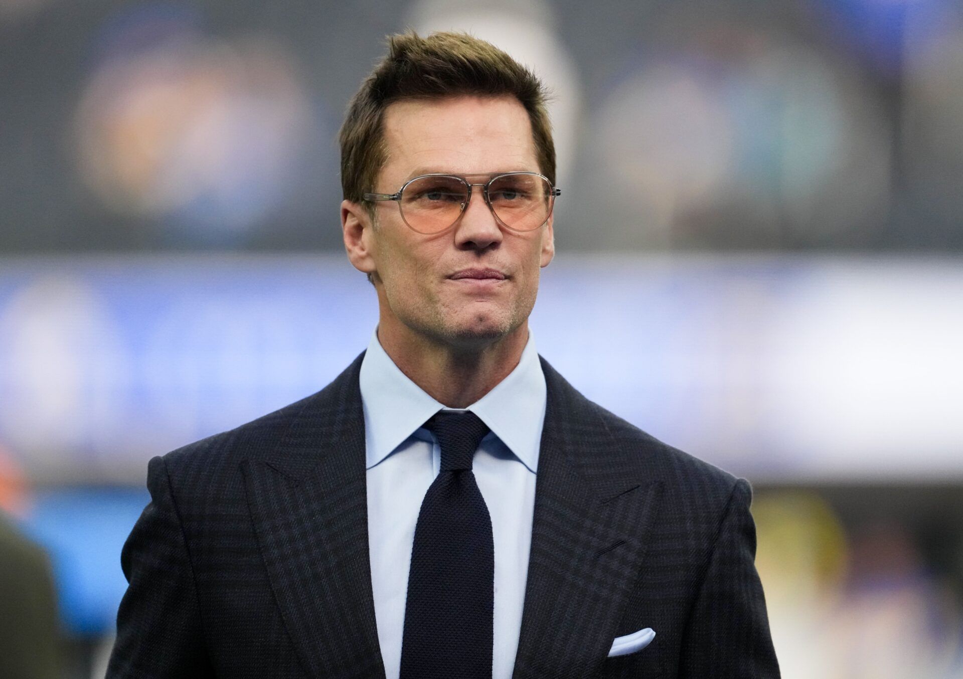 Fox broadcaster Tom Brady is seen prior to the game between the Detroit Lions and the Los Angeles Rams at SoFi Stadium.