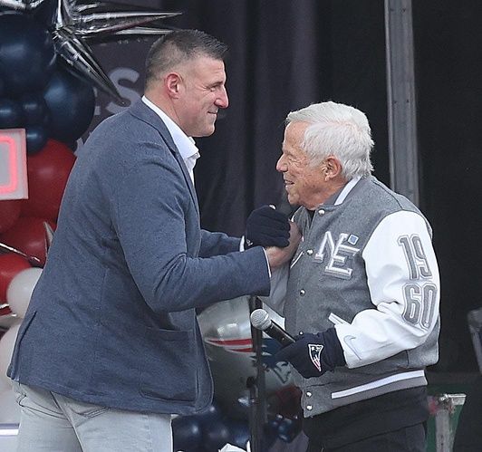 Head coach Mike Vrabel and owner Robert Kraft at the New England Patriots Super Bowl LX sendoff rally for the team at Gillette Stadium in Foxboro, MA, on Sunday, Feb. 1, 2026.