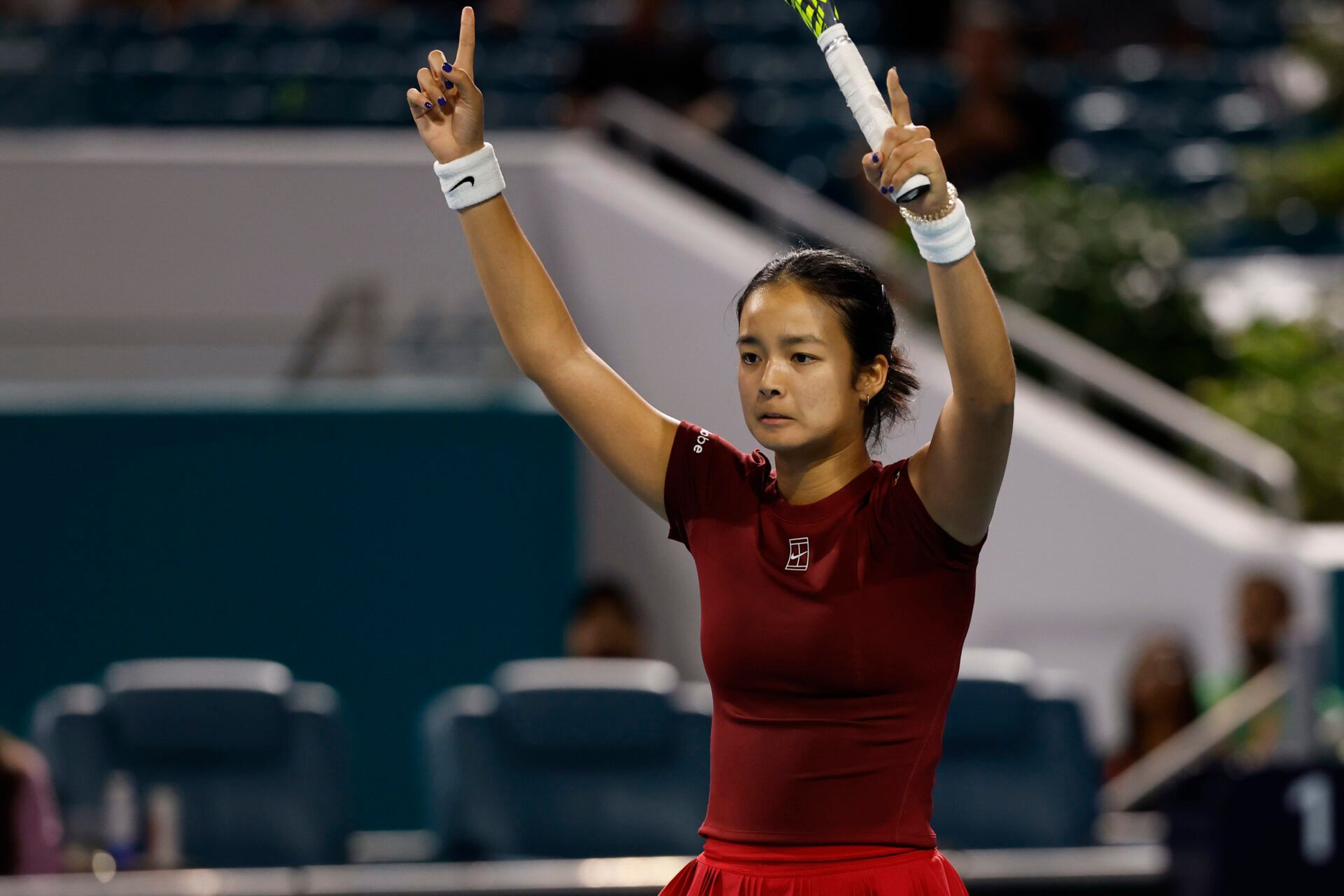 Alexandra Eala (PHL) reacts after winning the second set against Jessica Pegula (USA)(not pictured) in a women's singles semifinal on day ten of the Miami Open at Hard Rock Stadium.