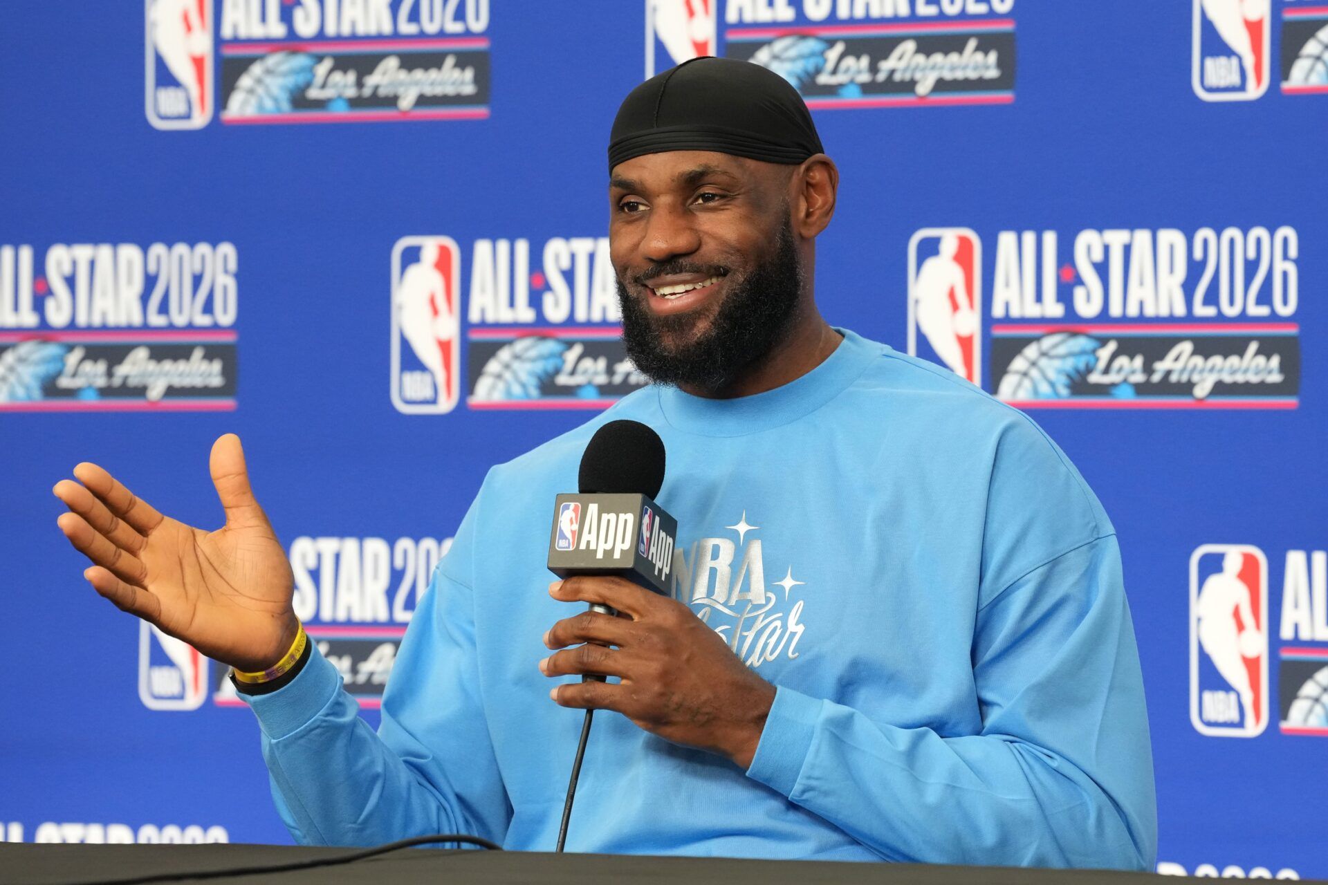 Los Angeles Lakers forward LeBron James (23) speaks in a press conference before the 75th NBA All Star Game at Intuit Dome.