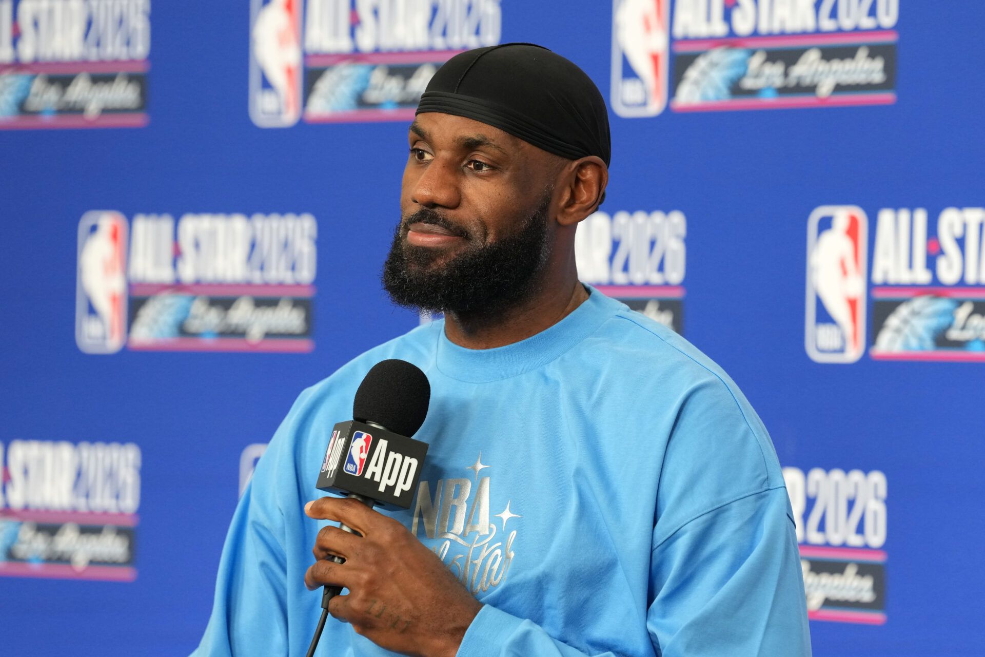 Los Angeles Lakers forward LeBron James (23) speaks in a press conference before the 75th NBA All Star Game at Intuit Dome.