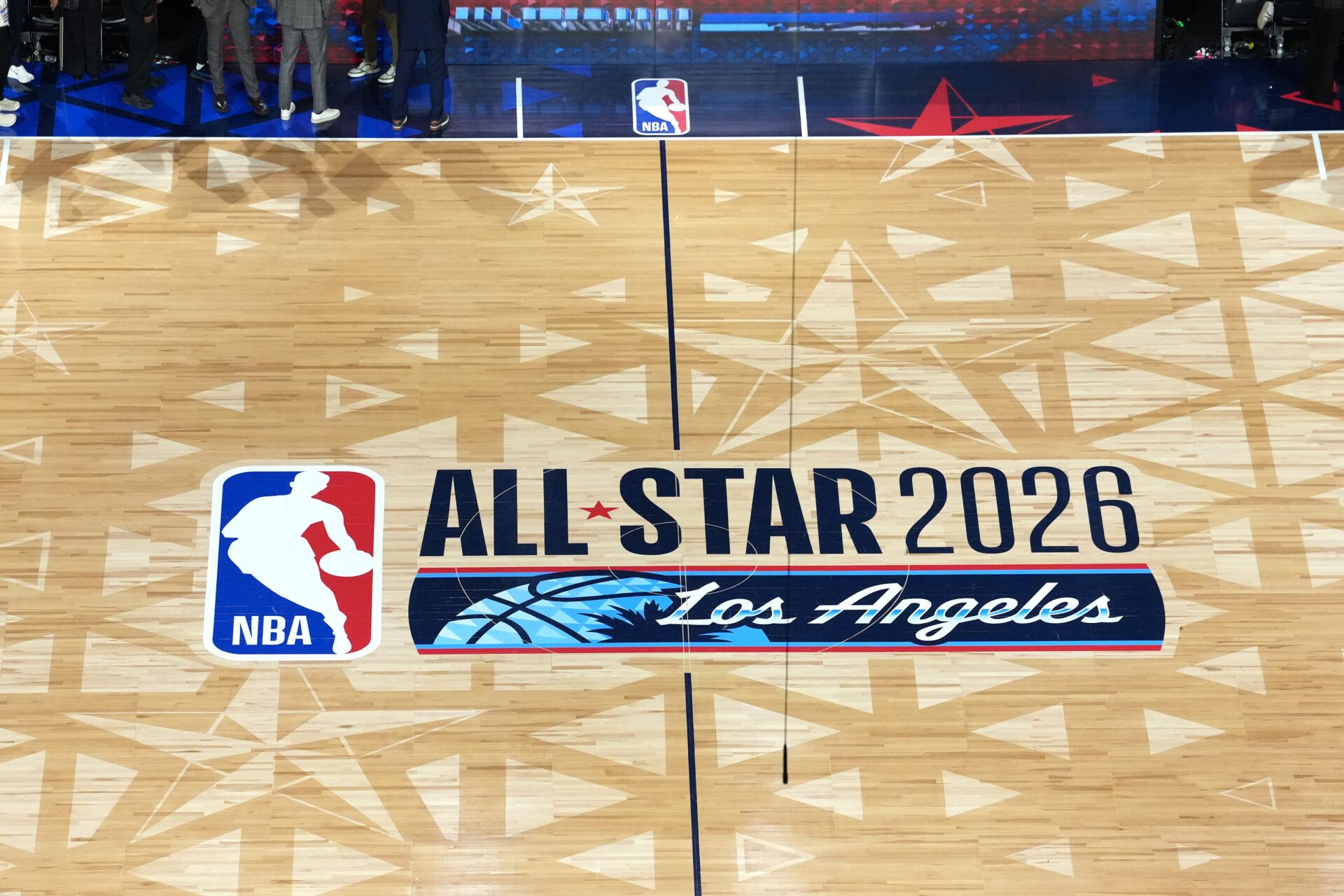 General view of the court logo before the 75th NBA All Star Game at Intuit Dome.
