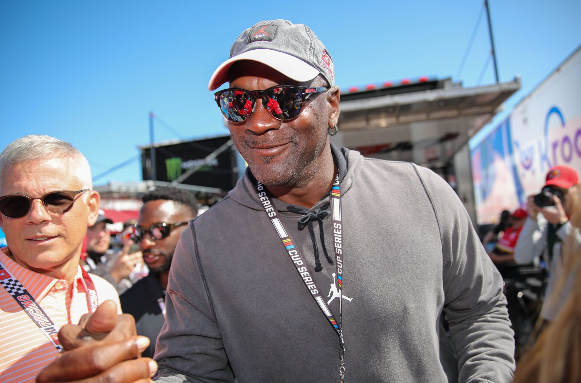 Michael Jordan greets crew members of NASCAR Cup Series driver Bubba Wallace (23) at Daytona International Speedway.