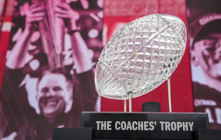 A general view of the Coaches Trophy, Saturday, Jan. 24, 2026, during the Indiana Football College Football Playoff National Championship celebration and parade at Memorial Stadium.