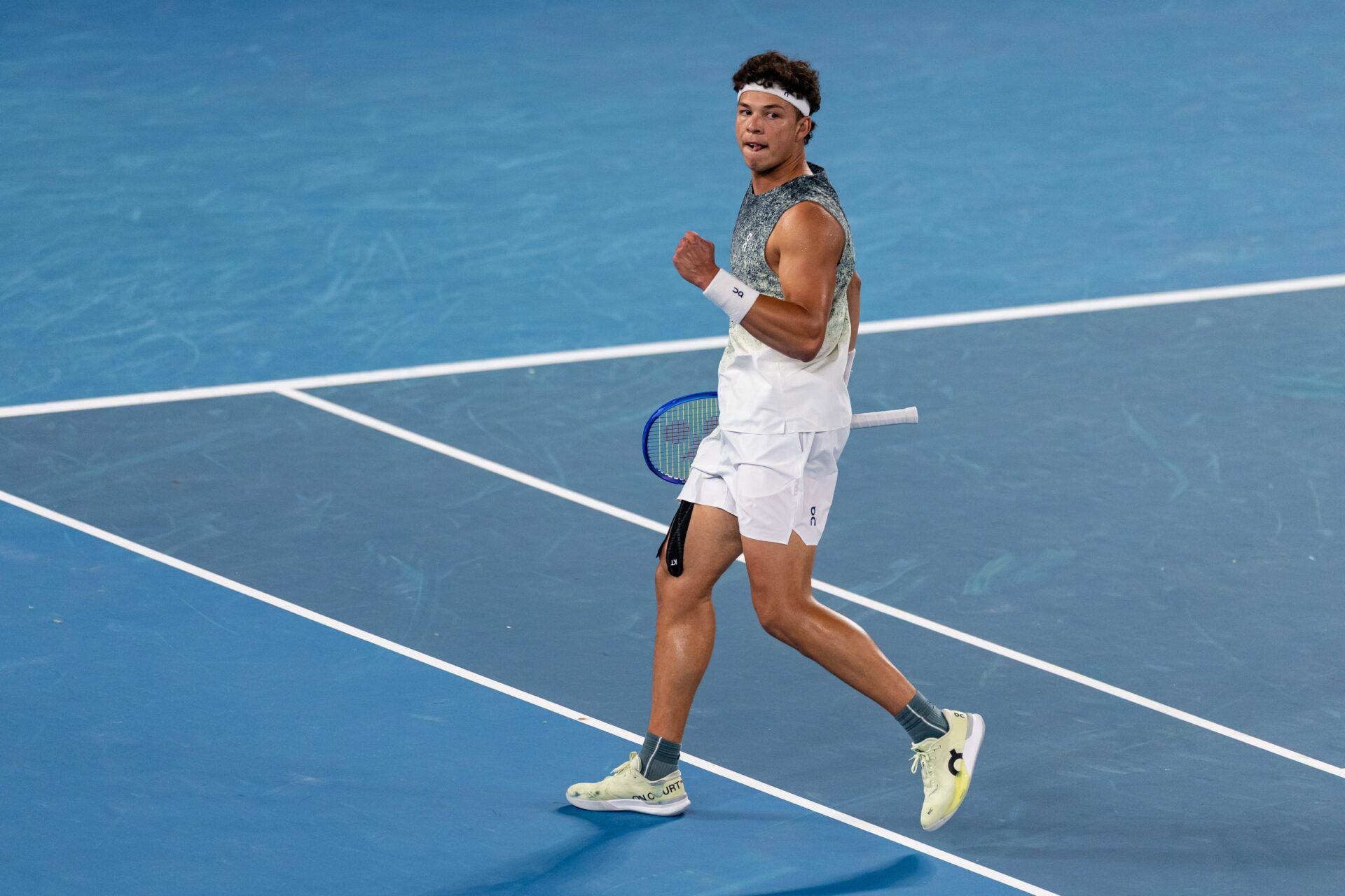 Ben Shelton of United States in action against Casper Ruud of Norway in the fourth round of the mens singles at the Australian Open at Rod Laver Arena in Melbourne Park.