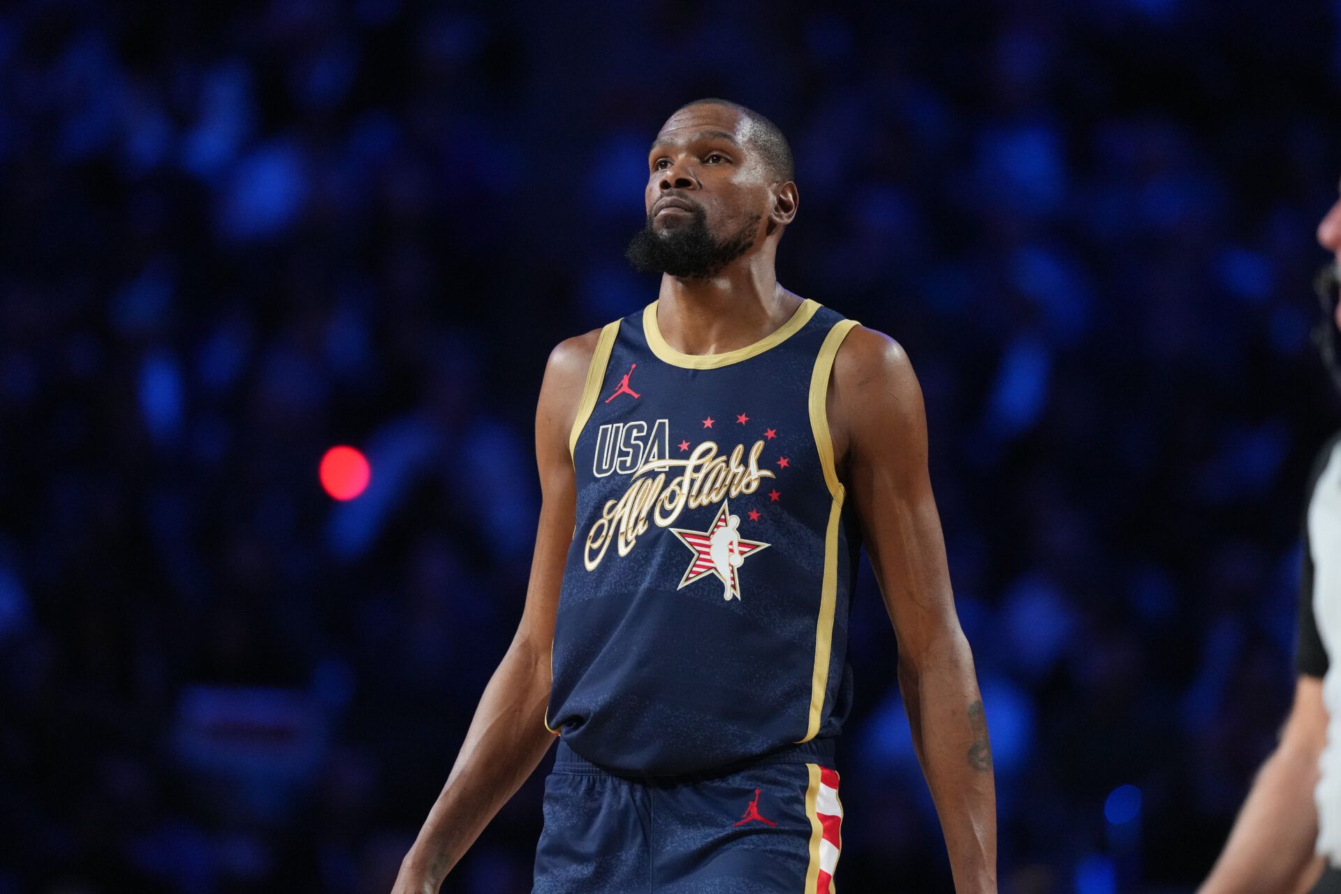 Team USA Stripes forward Kevin Durant () 7of the Houston Rockets looks on during game three against Team World during the 75th NBA All Star Game at Intuit Dome.