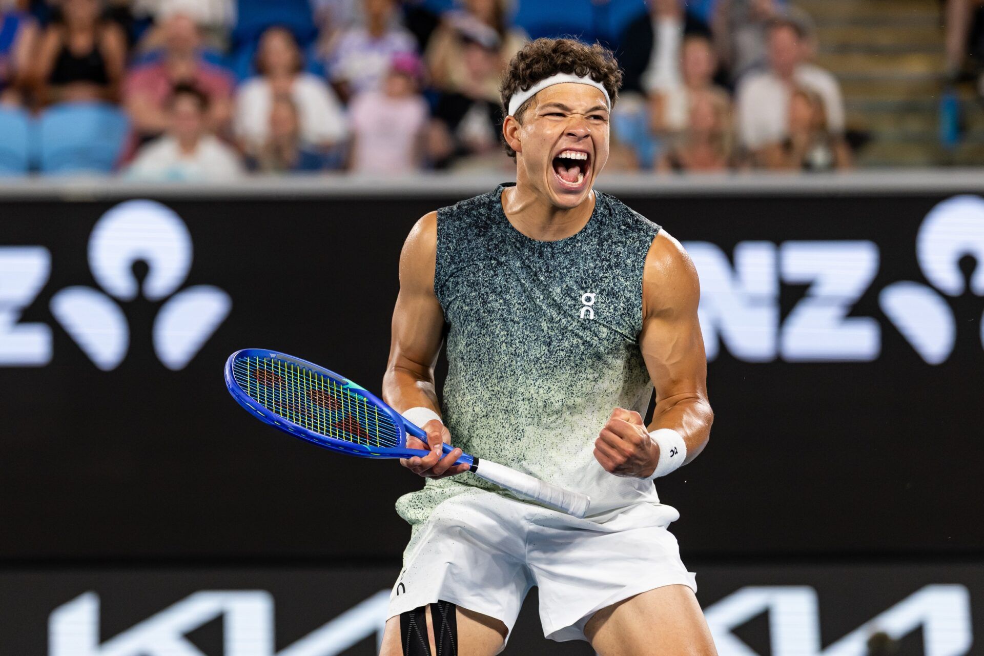 Ben Shelton of United States celebrates his victory over Valentin Vacherot of Monaco in the third round of the mens singles at the Australian Open at Margaret Court Arena in Melbourne Park.