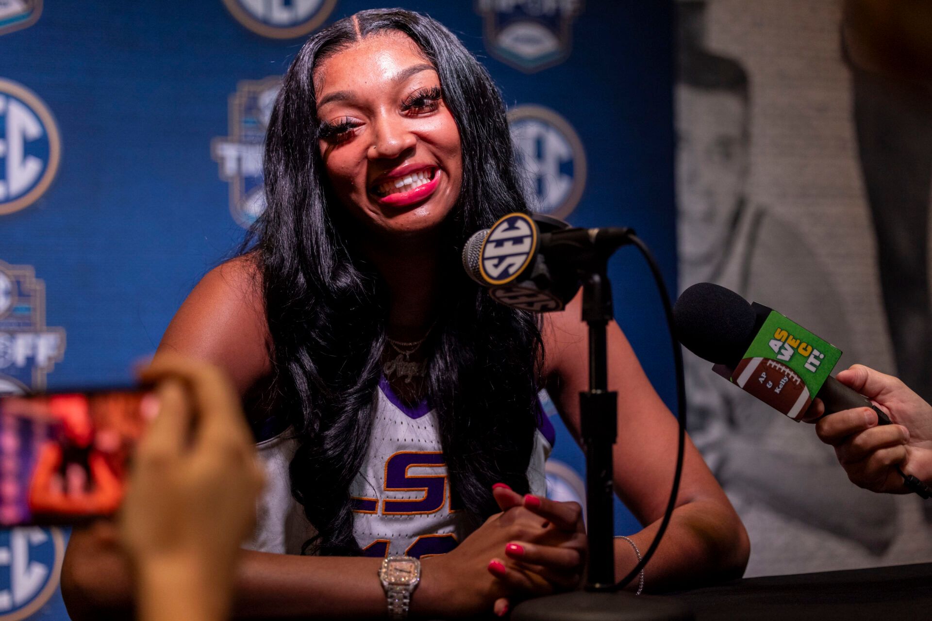 LSU Tigers forward Angel Reese talks with the media during the SEC Basketball Tipoff at Grand Bohemian Hotel Mountain Brook.