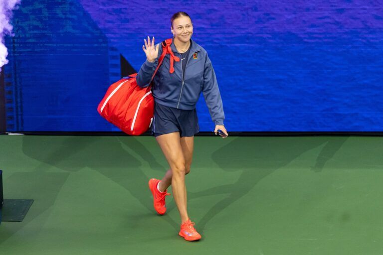 Amanda Anisimova of the United States in action against Aryna Sabalenka of Belarus in the final of the women’s singles at the US Open at Arthur Ashe Stadium in Billie Jean King National Tennis Center.