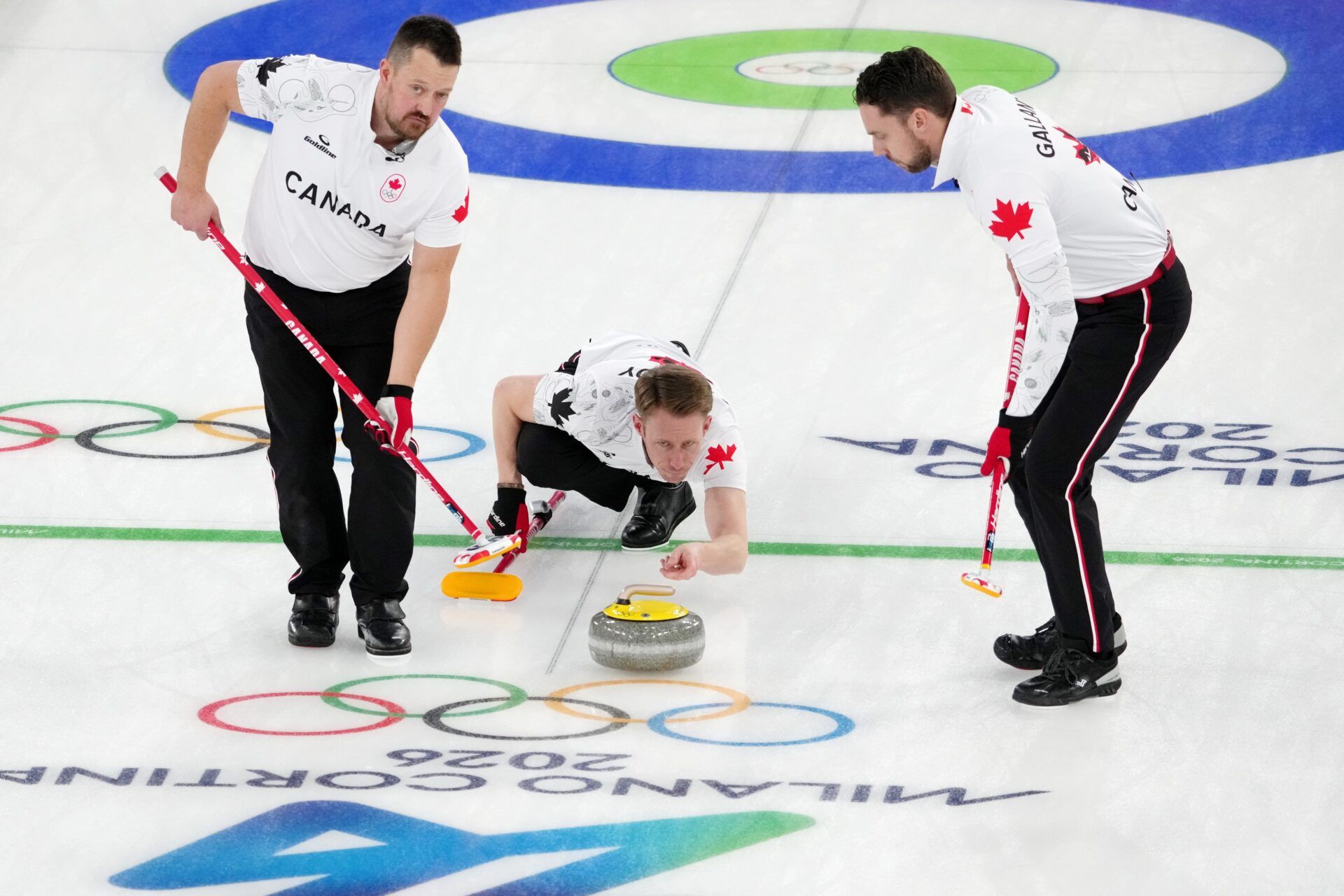 Marc Kennedy of Canada during a men's curling round robin game during the Milano Cortina 2026 Olympic Winter Games at Cortina Curling Olympic Stadium.