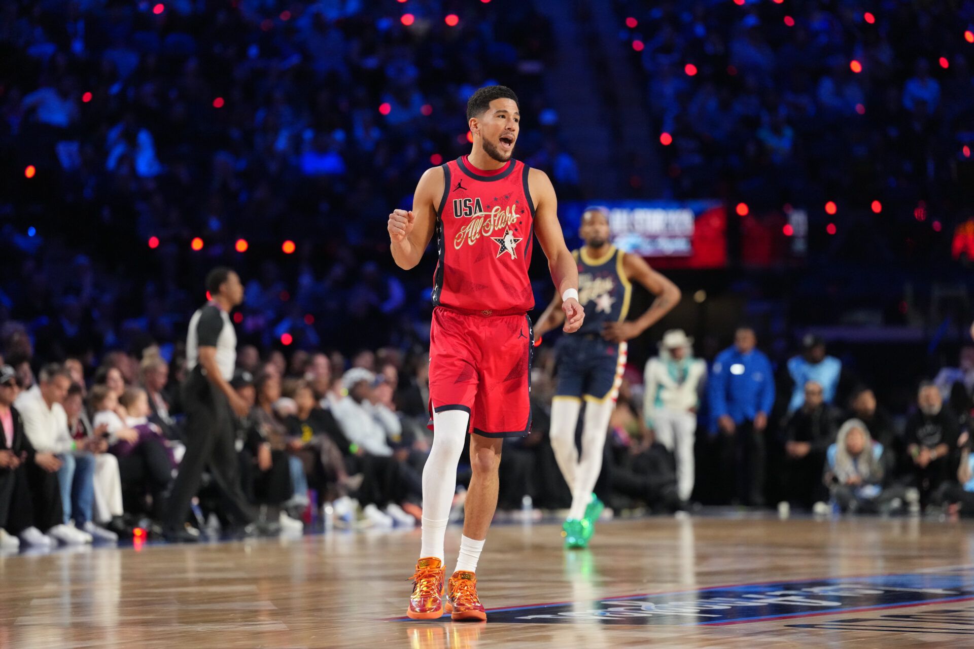 Team USA Stars guard Devin Booker (1) of the Phoenix Suns reacts in game four against Team Stripes during the 75th NBA All Star Game at Intuit Dome.