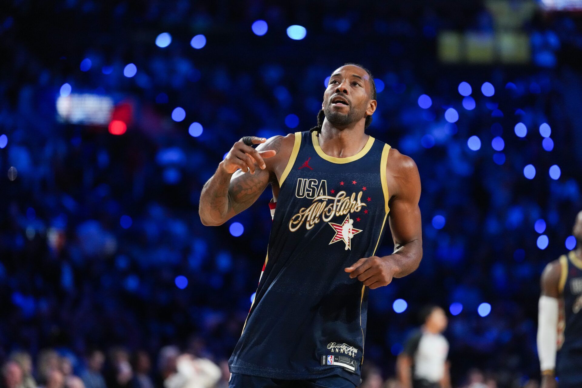 Team USA Stripes forward Kawhi Leonard (2) of the LA Clippers reacts in game three against Team World during the 75th NBA All Star Game at Intuit Dome.