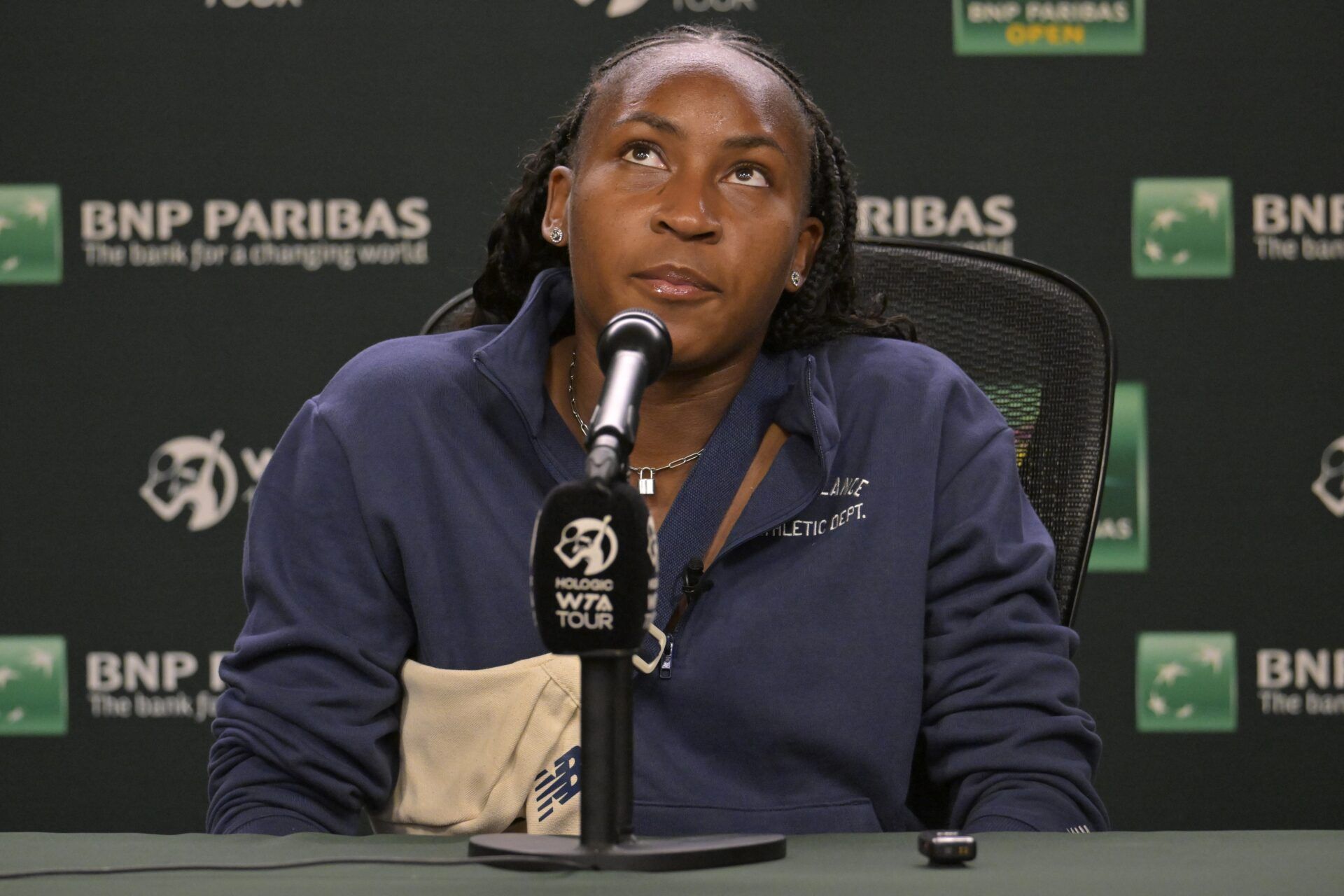 Coco Gauff (USA) answers questions from the media during a press conference during the BNP Paribas Open at the Indian Wells Tennis Garden.
