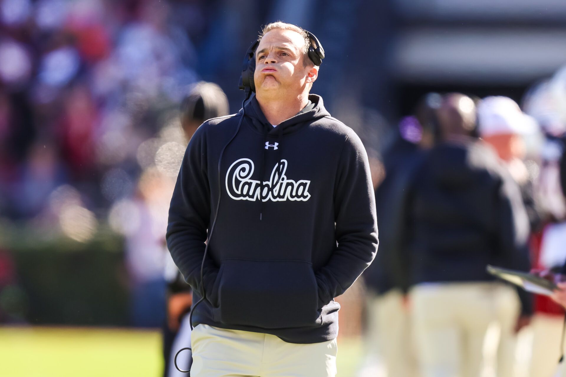 South Carolina Gamecocks head coach Shane Beamer directs his team against the Clemson Tigers in the second quarter at Williams-Brice Stadium.