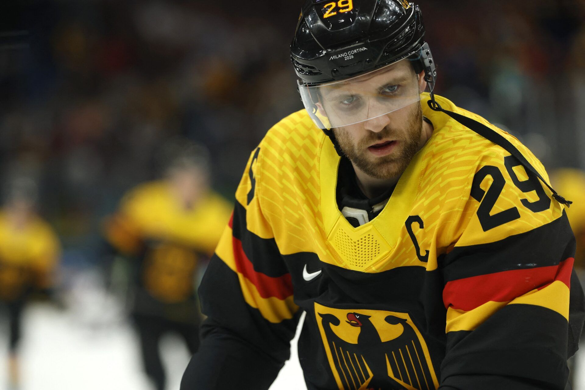 Leon Draisaitl of Germany during the warm up before the match against the United States in men's ice hockey group C play during the Milano Cortina 2026 Olympic Winter Games at Milano Santagiulia Ice Hockey Arena.