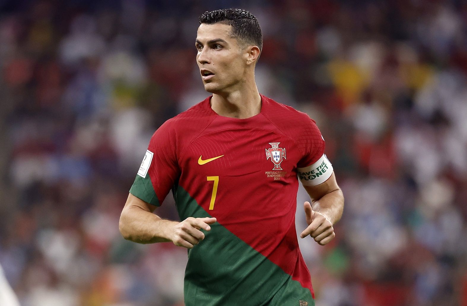 Portugal forward Cristiano Ronaldo (7) against Uruguay during the second half of the group stage match in the 2022 World Cup at Lusail Stadium.