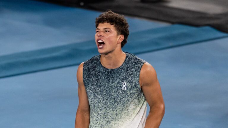 Ben Shelton of United States celebrates his victory over Casper Ruud of Norway in the fourth round of the mens singles at the Australian Open at Rod Laver Arena in Melbourne Park.