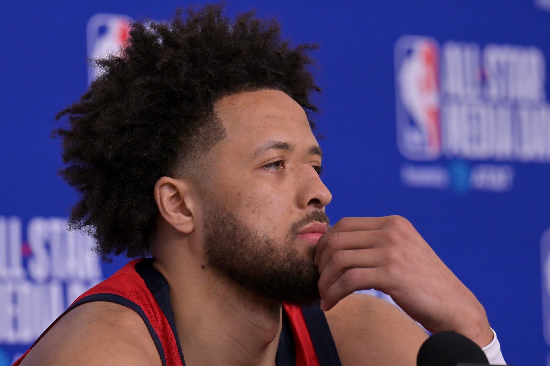 Team USA Stars guard Cade Cunningham (2) of the Detroit Pistons during a news conference for the NBA All Star game at Intuit Dome.