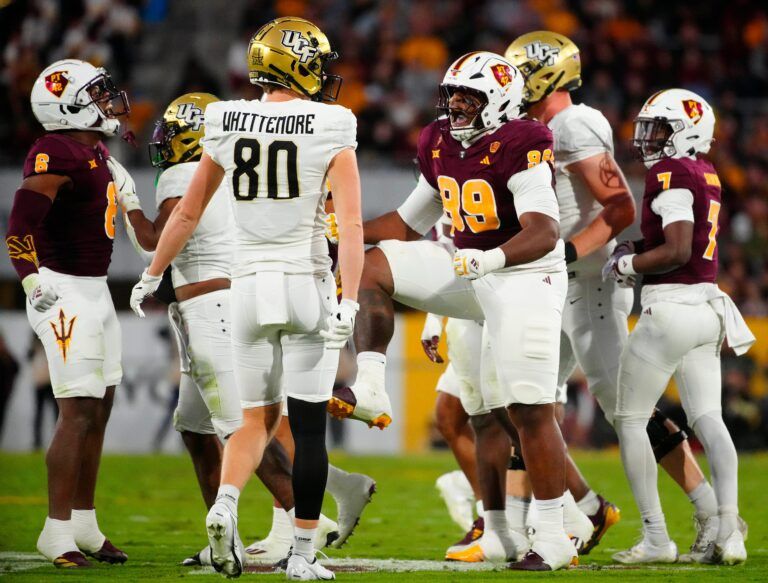 ASU defensive lineman CJ Fite (99) celebrates a tackle for a loss against UCF during a game at Mountain America Stadium in Tempe on Nov. 9, 2024.