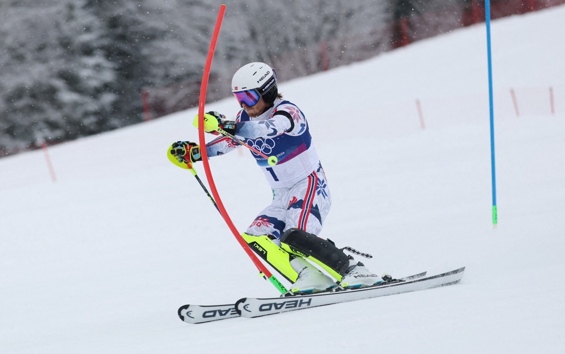 [US, Mexico & Canada customers only] Feb 16, 2026; Bormio, Italy; Atle Lie McGrath of Norway in the first run in the men's alpine skiing slalom during the Milano Cortina 2026 Olympic Winter Games at Stelvio Ski Centre.