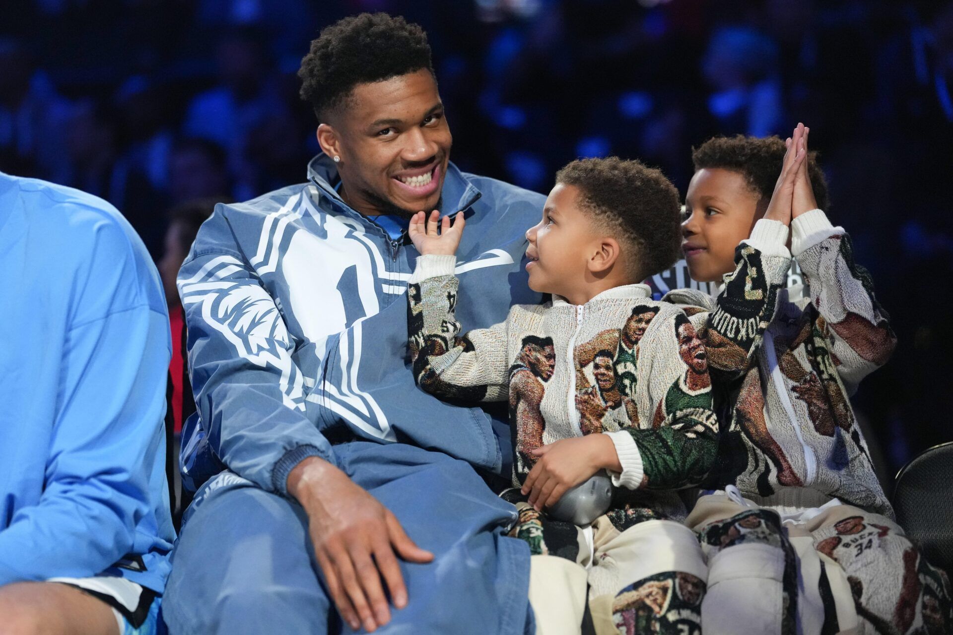eam World forward Giannis Antetokounmpo (34) of the Milwaukee Bucks looks on in-between games during the 75th NBA All Star Game at Intuit Dome.