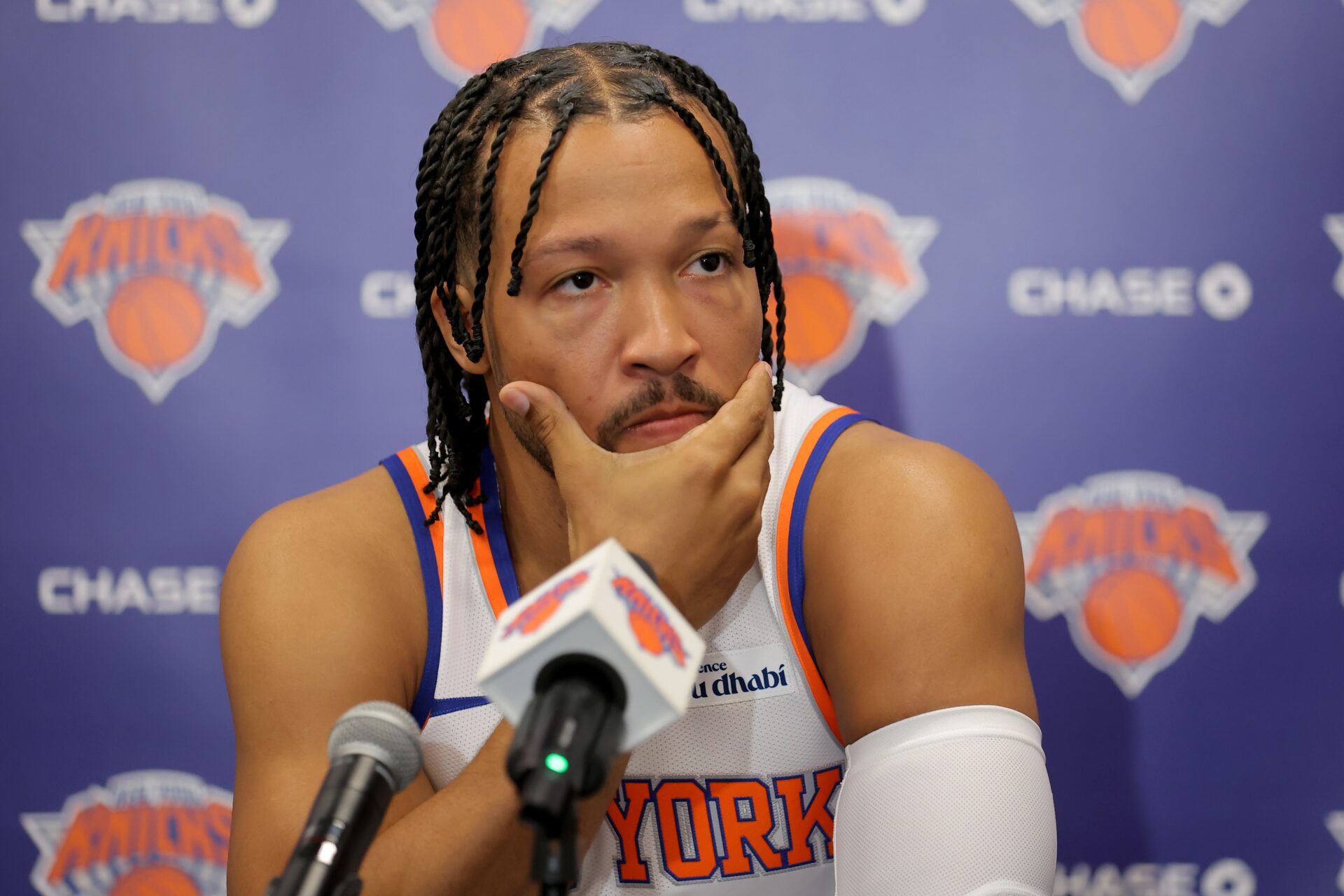 New York Knicks guard Jalen Brunson speaks to the media during a media day press conference at the Madison Square Garden training center.