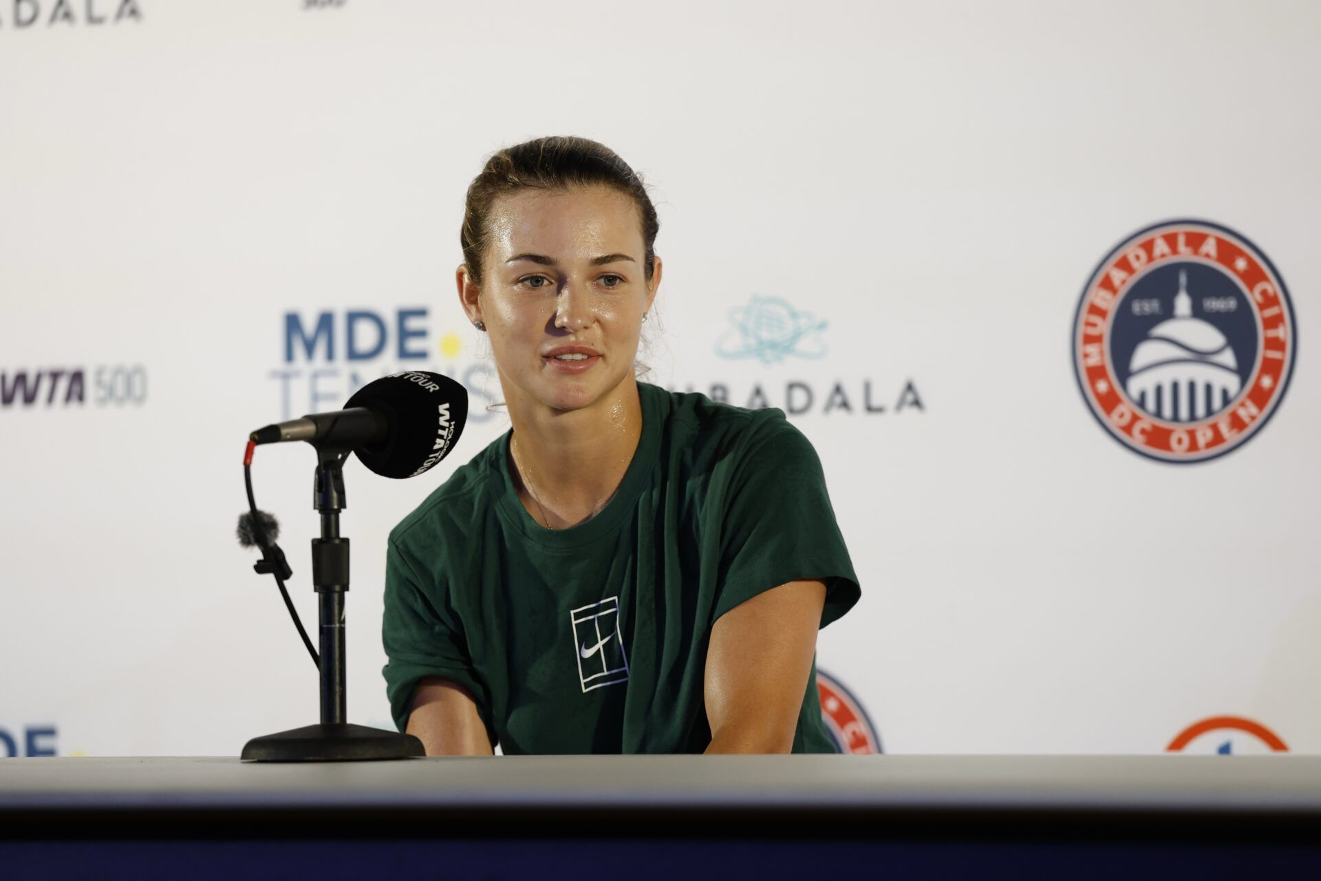Anna Kalinskaya speaks at a press conference after her match against Emma Raducanu (GBR)(not pictured) in a women's singles semi-final on day six of the Mubadala Citi DC Open at Rock Creek Park Tennis Center.