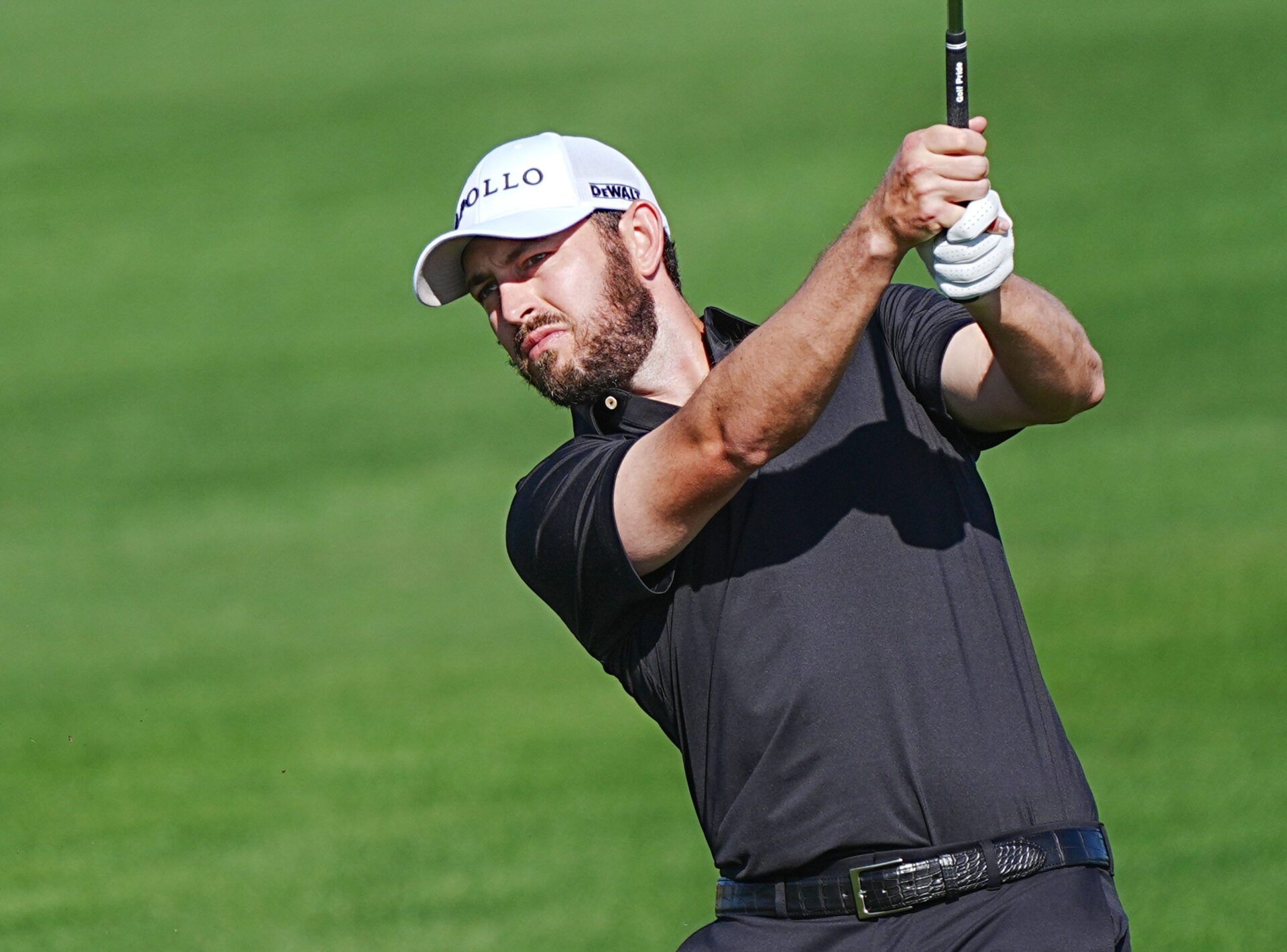 Patrick Cantlay hits his approach shot on the 9th hole of the Stadium Course during the second round of the American Express at PGA West in La Quinta, January 23, 2026.