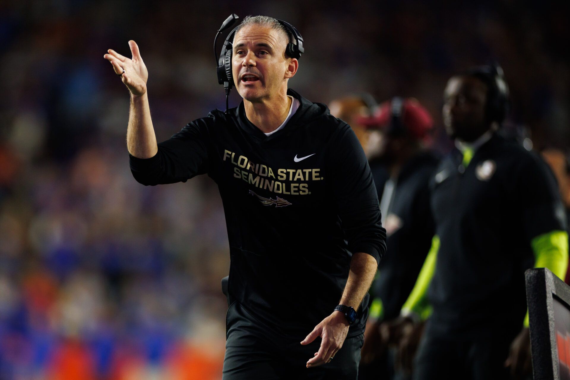 Florida State Seminoles head coach Mike Norvell gestures against the Florida Gators during the second half at Ben Hill Griffin Stadium.