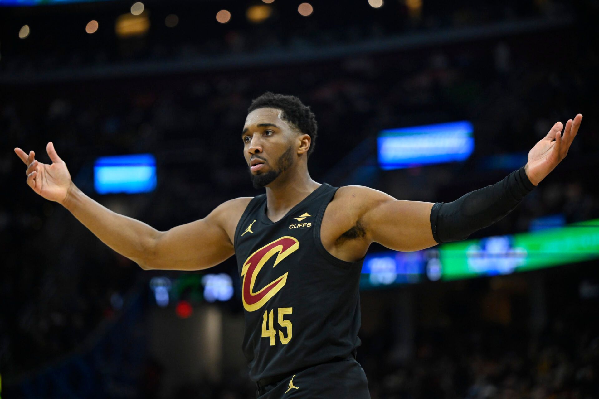Cleveland Cavaliers guard Donovan Mitchell (45) reacts in the third quarter against the Washington Wizards at Rocket Arena.