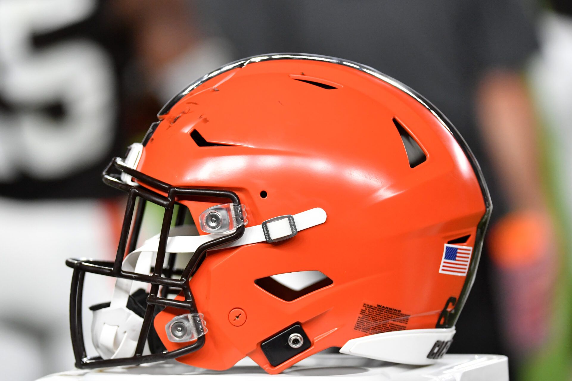 Cleveland Browns helmet on the sidelines against the Philadelphia Eagles during the second quarter at Lincoln Financial Field.