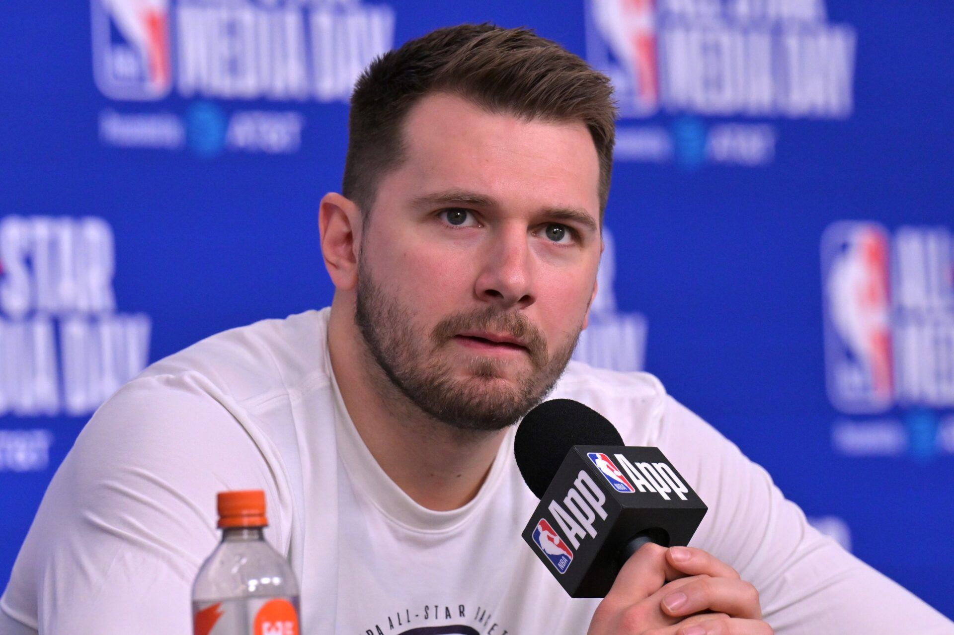 Team World guard Luka Doncic (77) of the Los Angeles Lakers during a news conference for the NBA All Star game at Intuit Dome.