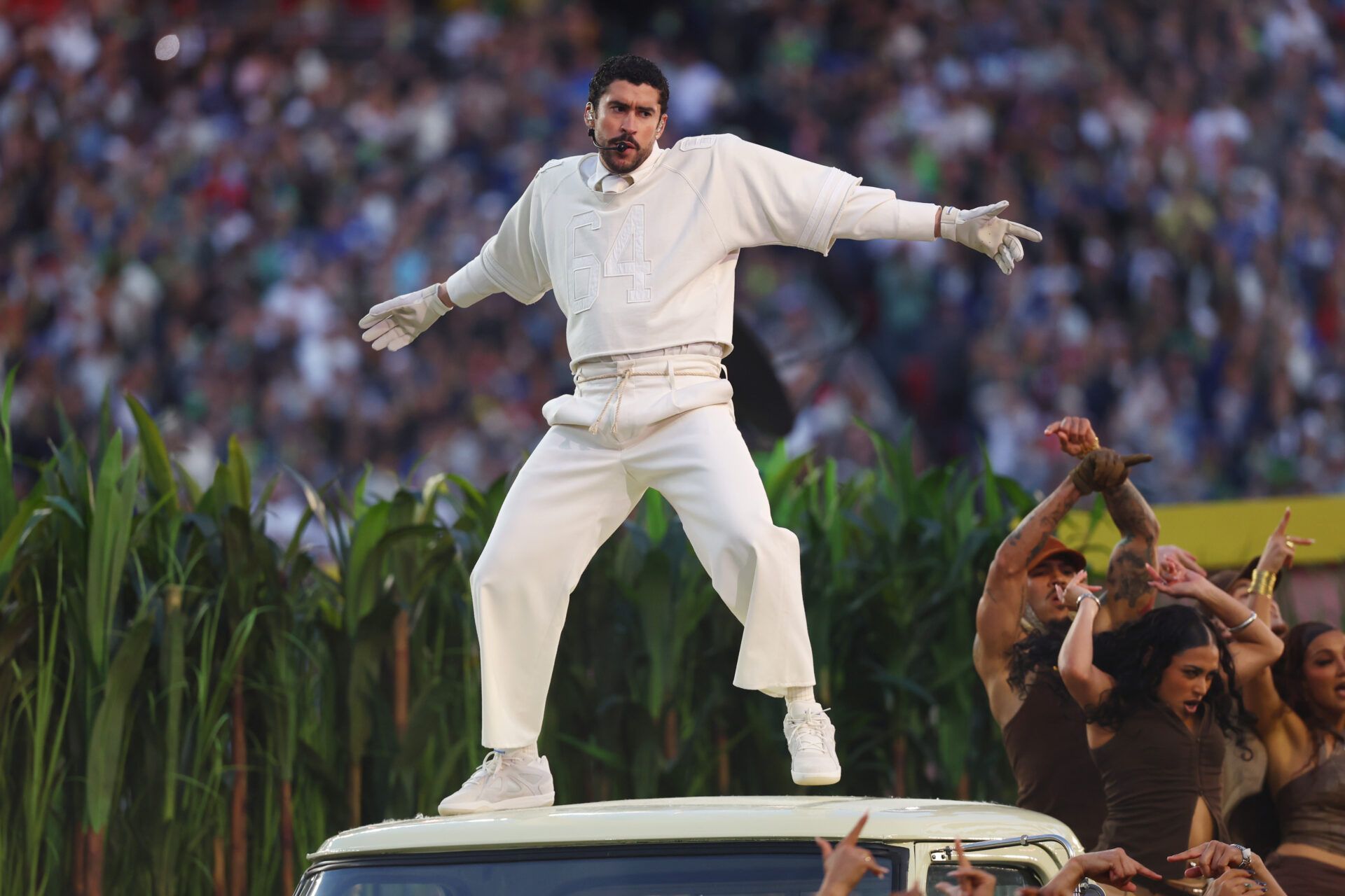 Bad Bunny performs the halftime show in Super Bowl LX between the Seattle Seahawks and the New England Patriots at Levi's Stadium.