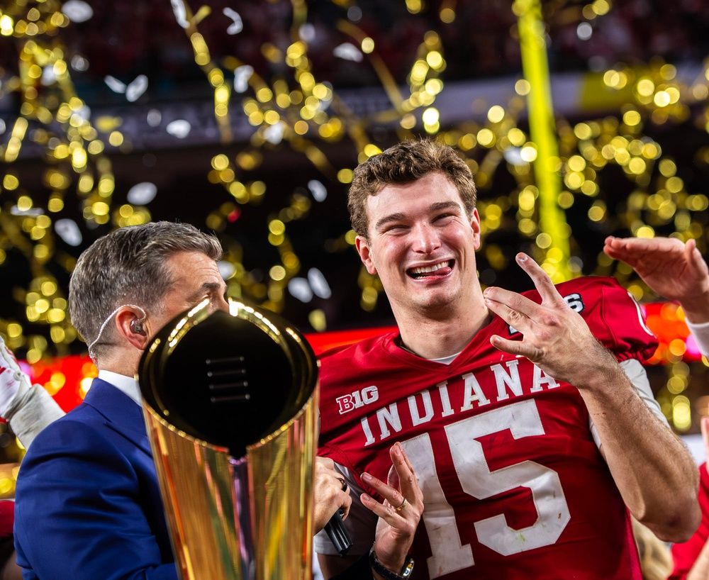 Indiana's Fernando Mendoza (15) smiles as he celebrates after the College Football Playoff National Championship college football game at Hard Rock Stadium in Miami Gardens on Monday, Jan. 19, 2026.