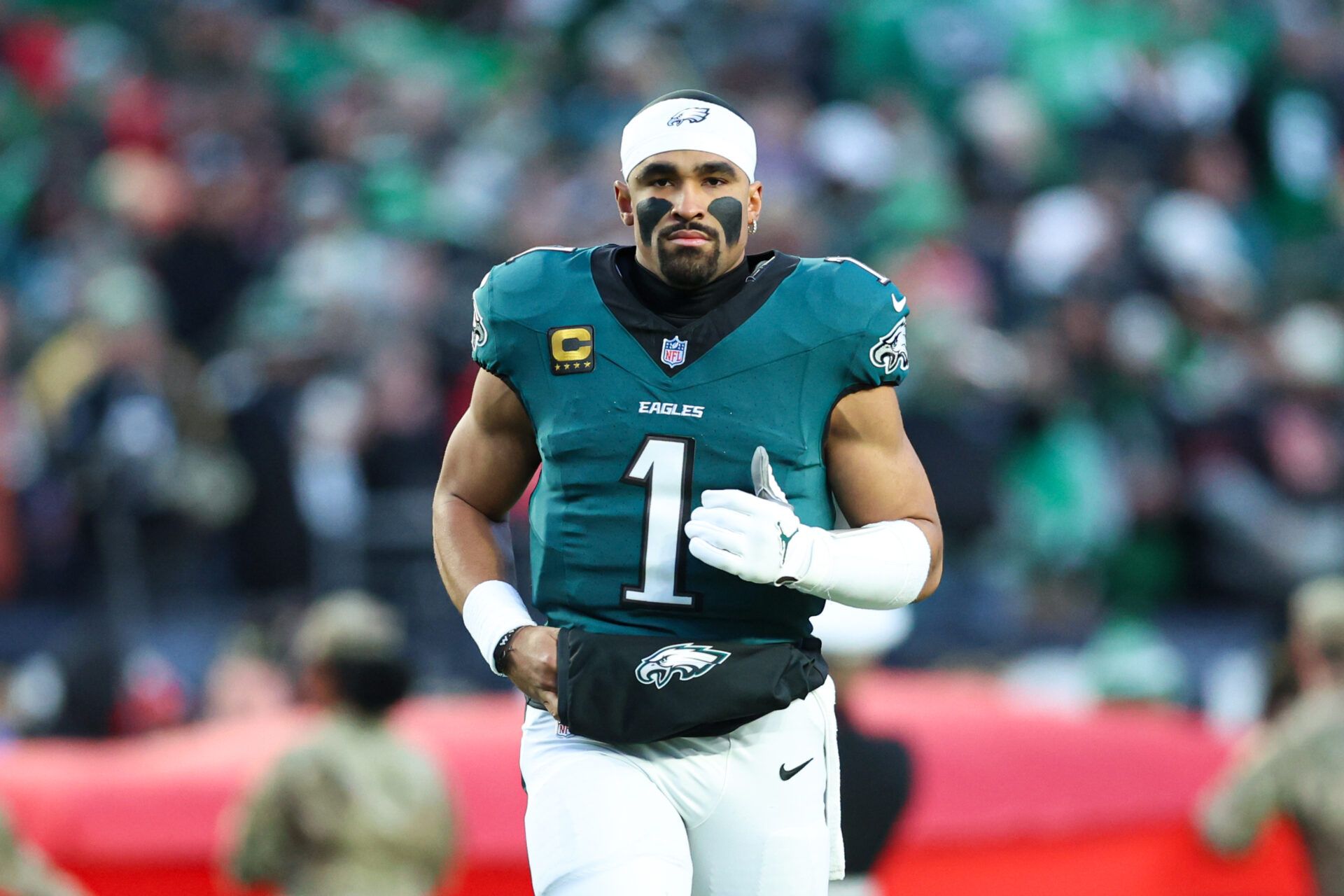 Philadelphia Eagles quarterback Jalen Hurts (1) after the anthem against the San Francisco 49ers in an NFC Wild Card Round game at Lincoln Financial Field.