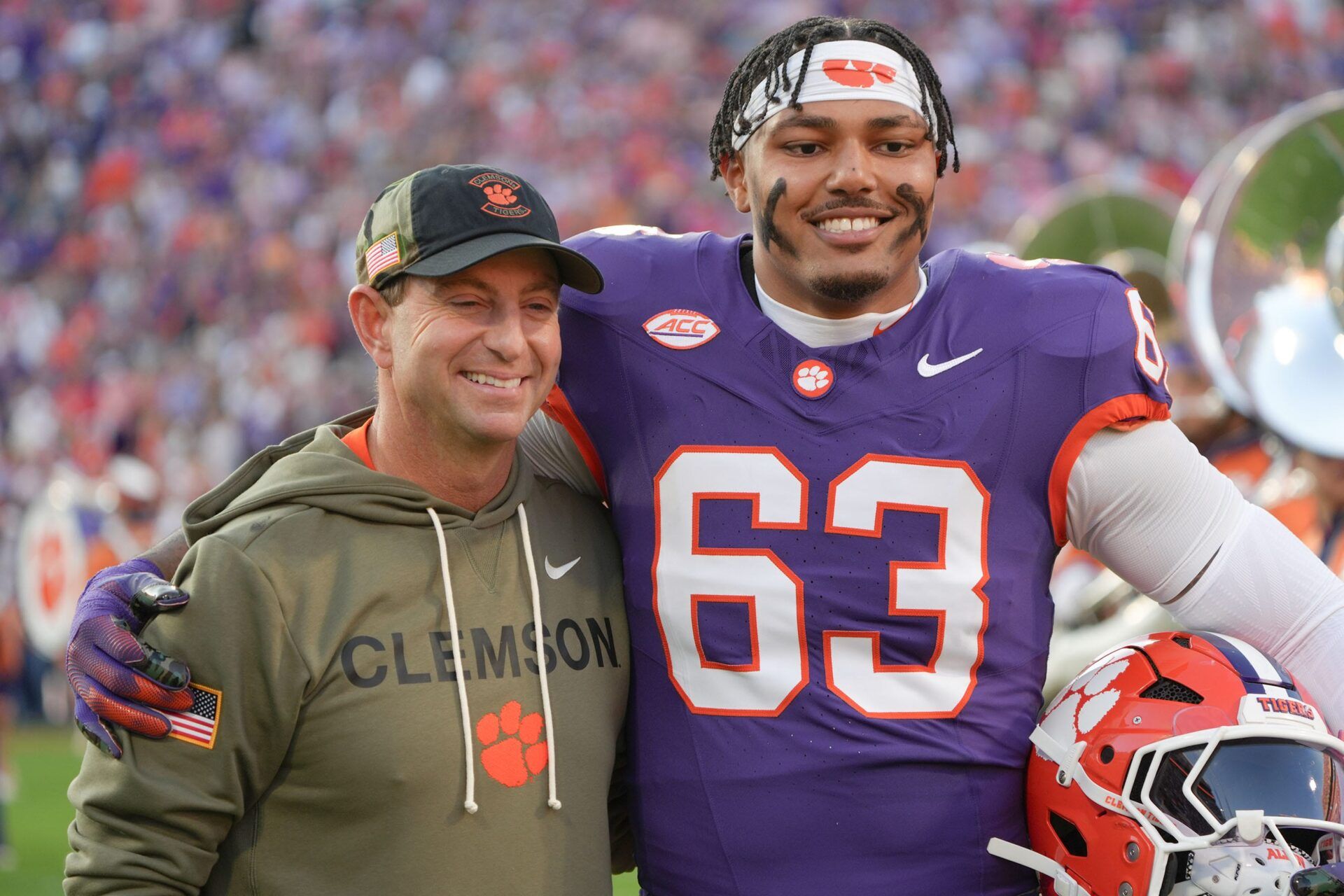 Clemson head coach Dabo Swinney with TJ Parker before kickoff with Furman University at Memorial Stadium in Clemson, SC, Saturday, November 22, 2025.