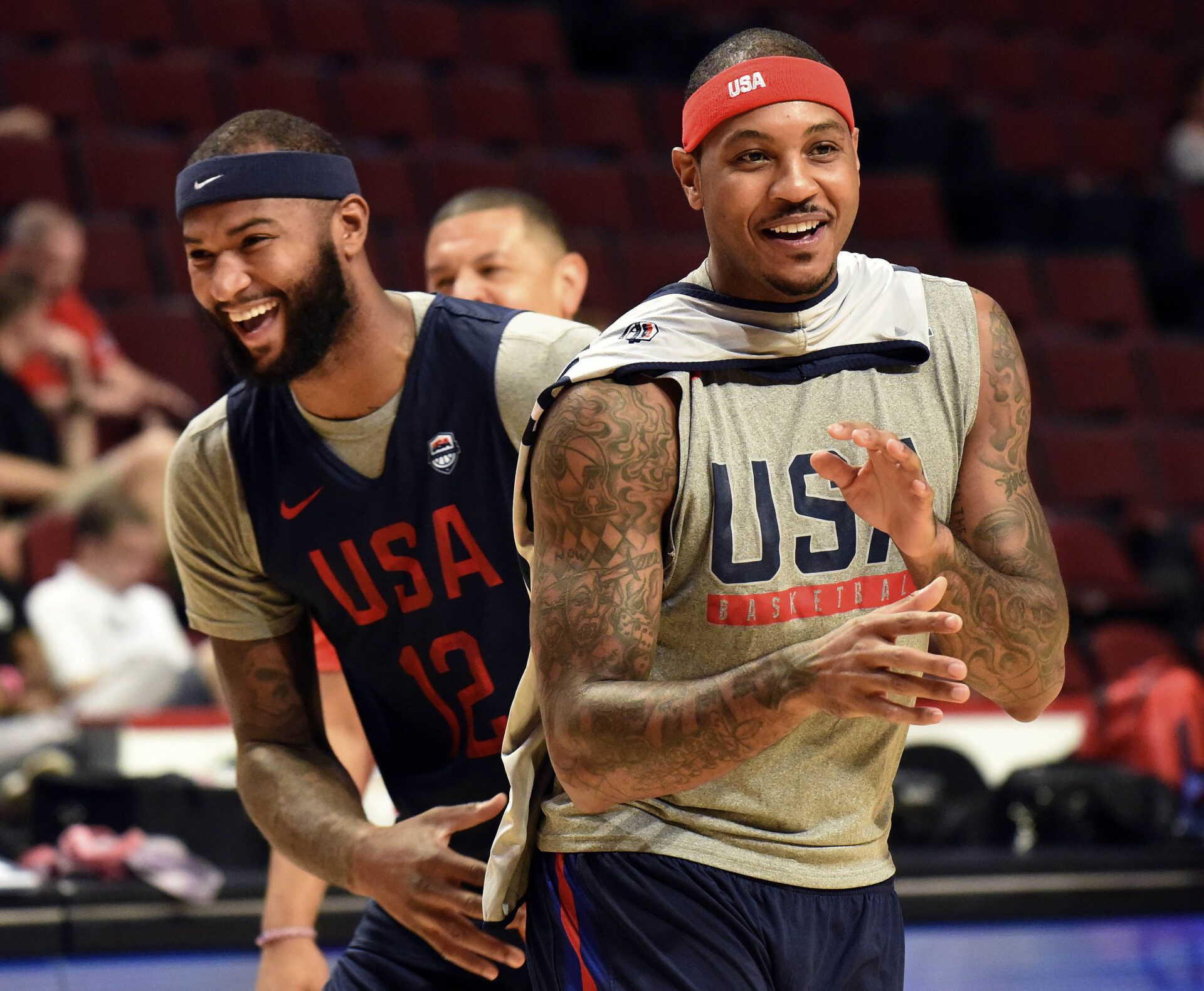 USA forward Carmelo Anthony  (15) and center DeMarcus Cousins (12) during practice at  the United Center.