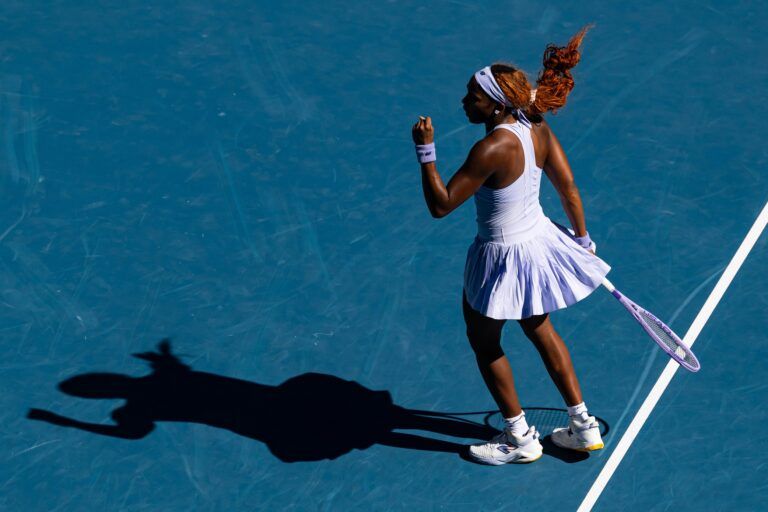 Coco Gauff of United States in action against Hailey Baptiste of United States in the third round of the womens singles at the Australian Open at Margaret Court Arena in Melbourne Park.