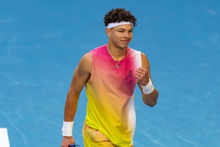 Ben Shelton of United States of America celebrates during his match against Lorenzo Sonego of Italy in the quarterfinals of the men's singles at the 2025 Australian Open at Melbourne Park.