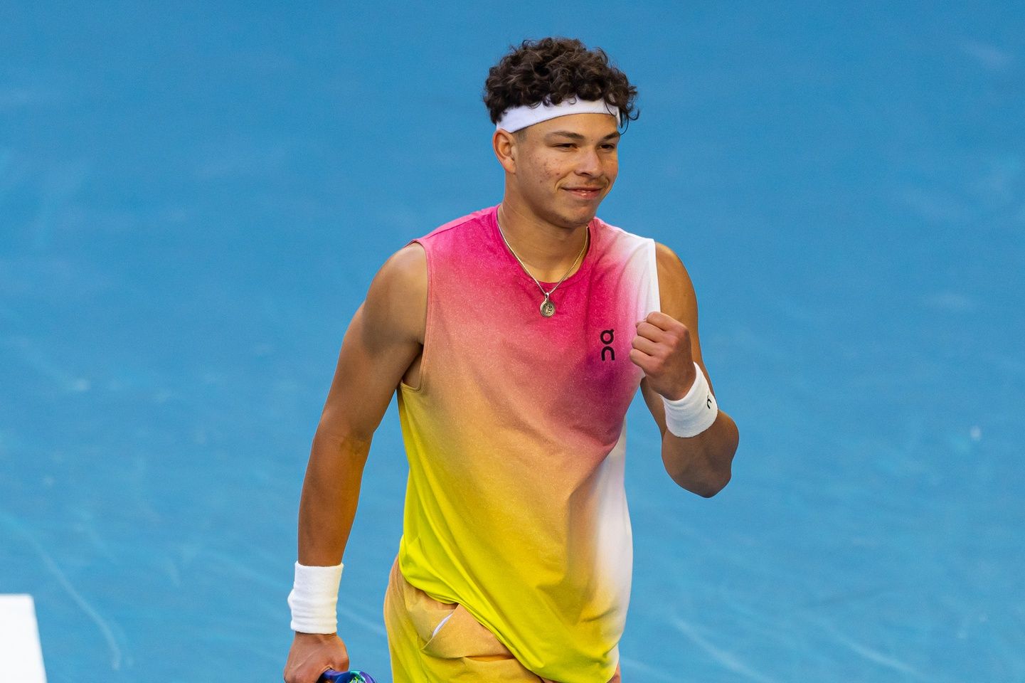 Ben Shelton of United States of America celebrates during his match against Lorenzo Sonego of Italy in the quarterfinals of the men's singles at the 2025 Australian Open at Melbourne Park.