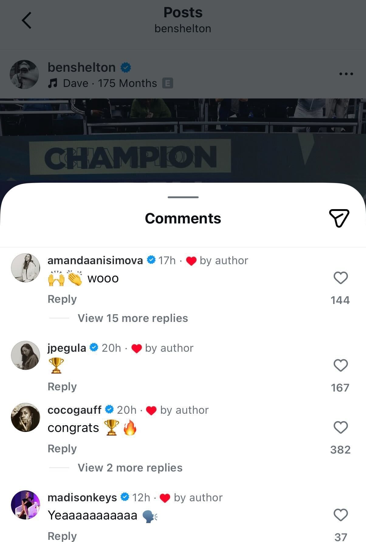 Screen grab of Players' reactions to Ben Shelton's Dallas Open title win