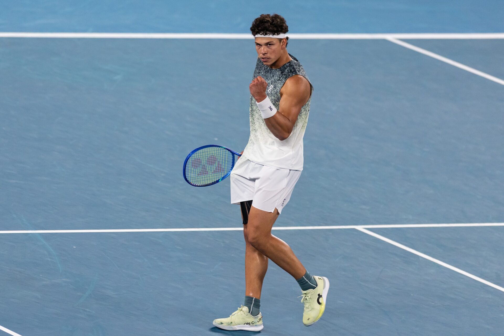 Ben Shelton of United States in action against Casper Ruud of Norway in the fourth round of the mens singles at the Australian Open at Rod Laver Arena in Melbourne Park.
