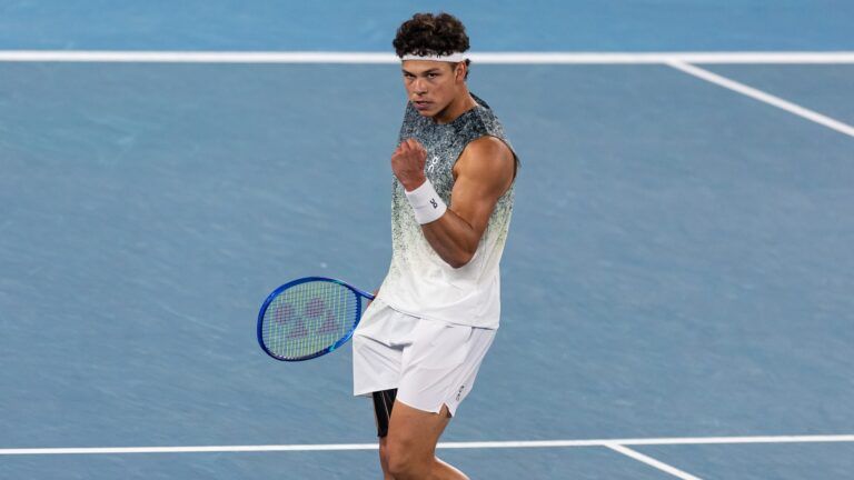 Ben Shelton of United States in action against Casper Ruud of Norway in the fourth round of the mens singles at the Australian Open at Rod Laver Arena in Melbourne Park.