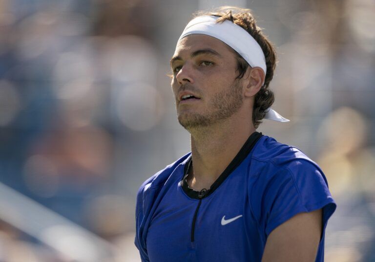 Taylor Fritz (USA) looks to his box during his match against Nick Kyrgios (AUS) at the Western & Southern Open at the at the Lindner Family Tennis Center.