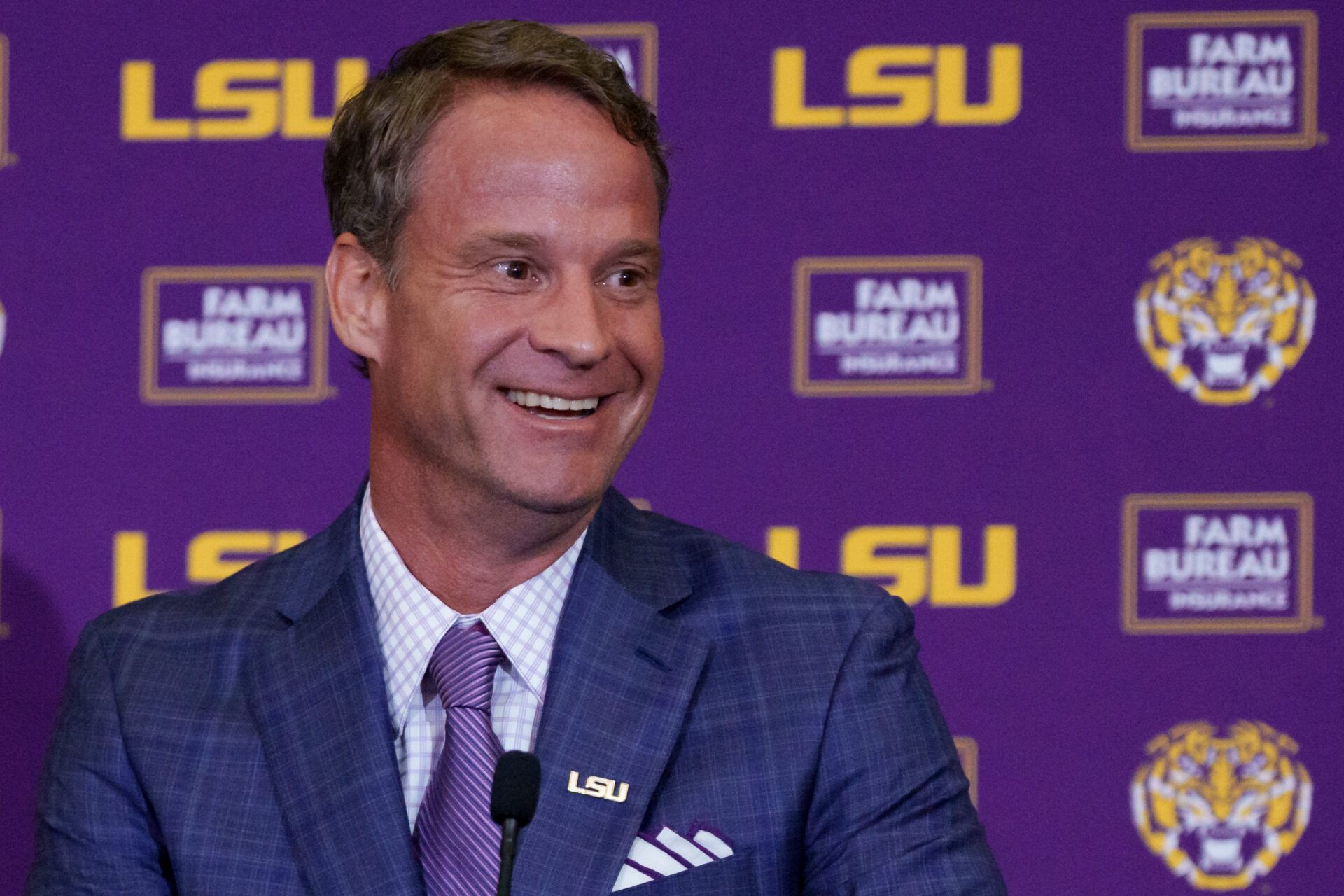 LSU new head coach Lane Kiffin speaks at South Stadium Club at Tiger Stadium.