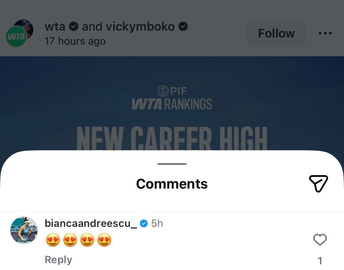 Screen grab of Bianca Andreescu's comment