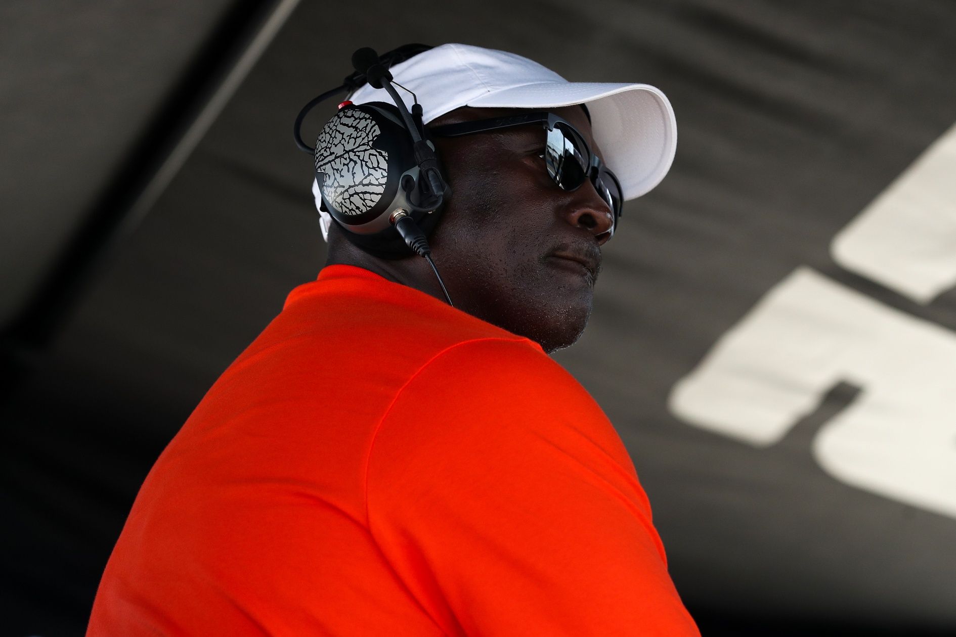 NASCAR Cup Series owner Michael Jordan looks on from atop his team’s pit box during the Go Bowling at The Glen at Watkins Glen International.